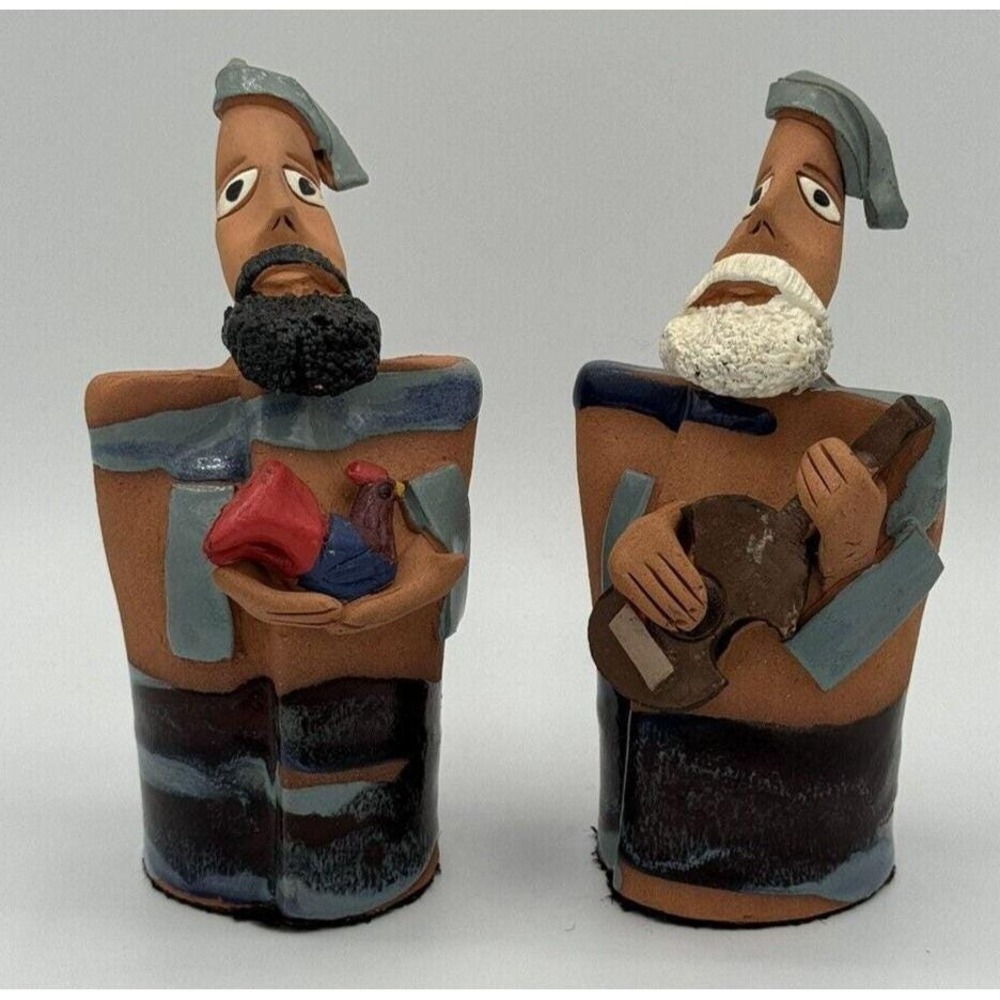 J Ortiz P.R. 1997 Folk Art Pottery Guitar Player & Chicken Figurines Signed Pair